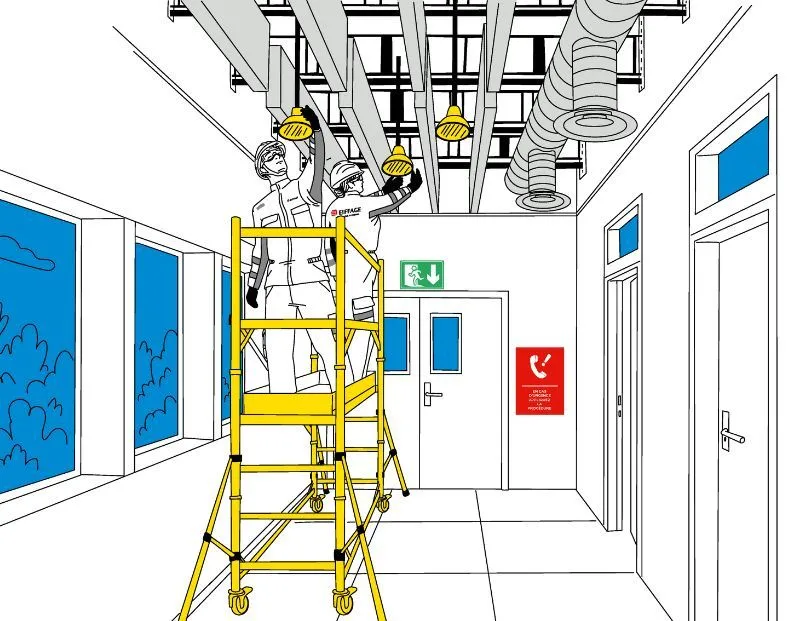 Illustration de deux personnes sur une échafaudage qui change une lampe pour la semaine de la sécurité d'Eiffage Energie systèmes